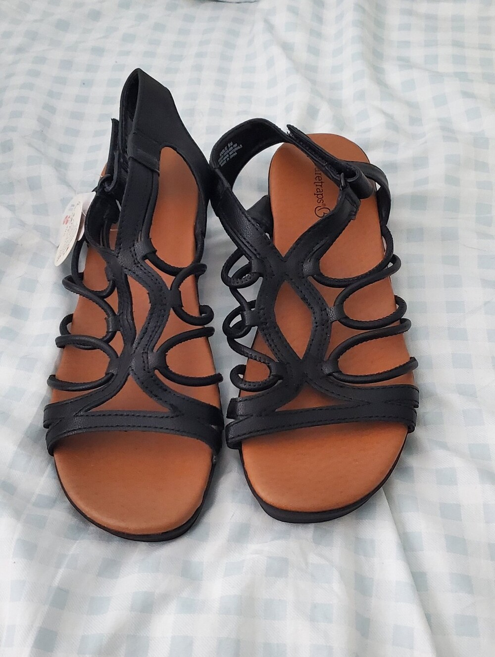 comfort plus by Beartraps. Black Strappy Cutout Sandal with Tan Footbed